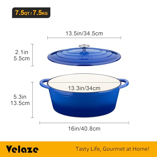 Velaze Blue 7.5QT Oval Enameled Cast Iron Dutch Oven with Lid