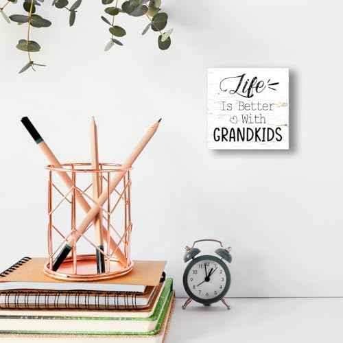 Funny Farmhouse Wood Box Sign Wall Decor, Life Is Better With Grandkids Wood Block Sign Wall Decorate, Grandparents Gift Rustic Home Office Desk Tabletop Shelf Decoration