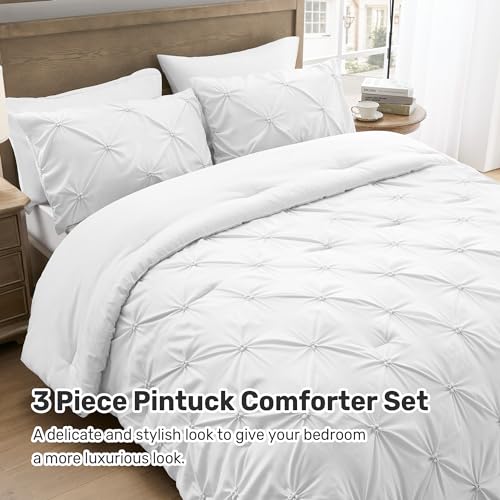 King Size White Comforter Set - Ultra Soft Boho Pintuck Bedding 3 Pieces - All Seasons Variation 01 White King 104x92