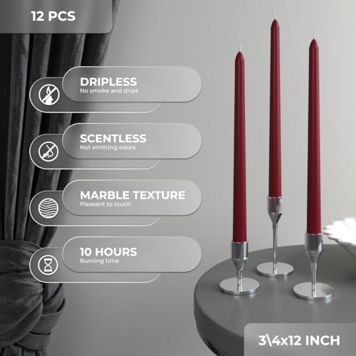 CANDWAX 12 inch Burgundy Taper Candle Set of 12 - Unscented, Dripless Smokeless for Christmas & Dinner Table Centerpieces