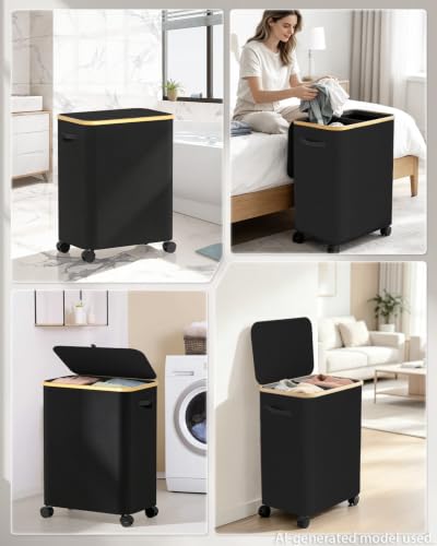Black 150L Double Laundry Basket with Wheels & Lid - Household Sorter