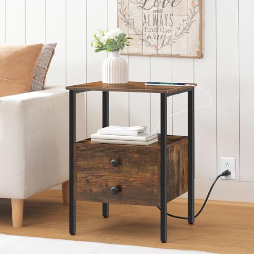 HOOBRO End Table with Charging Station - Rustic Brown & Black Bedside Table with Drawers