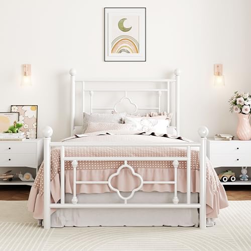 SHA CERLIN 14 Inch Twin Metal Platform Bed Frame with Vintage Iron Headboard - White, Noise-Free & Easy Assembly