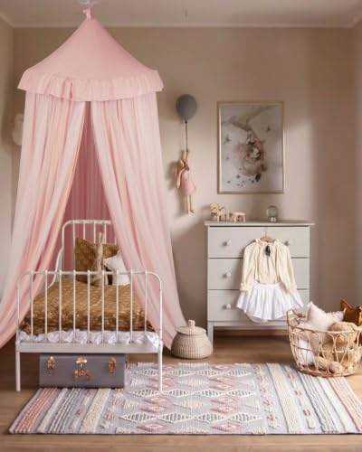 Large Peach Pink Bed Canopy for Girls with Star Lights - 39.4"x106"