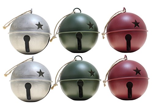 Haute Decor Assorted 3.35-Inch Jingle Bell Christmas Ornaments - 6 Pack, Silver, Red & Green