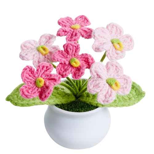Crochet Flowers Pink Handmade Knitted Potted Flower Plants for Women Coworkers Birthday Anniversary Thanksgiving Christmas Cute Decor for Desk Home Office Accessories Decorations