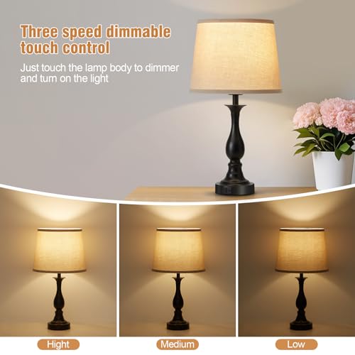 Black Touch Lamps for Nightstand Set of 2 with USB-C & USB-A Ports