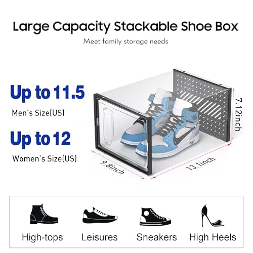 Black XL Shoe Storage Box with Magnetic Door - Stackable Shoe Organizer for Closet