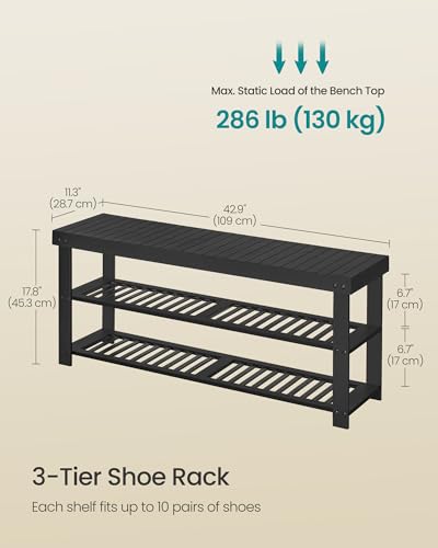 Shoe Rack Bench 3-Tier Bamboo Entryway Storage, 42.9W In Black