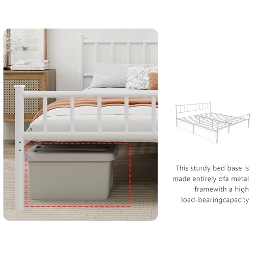 White Metal Platform Bed Frame Queen Size with Headboard - WJORATA