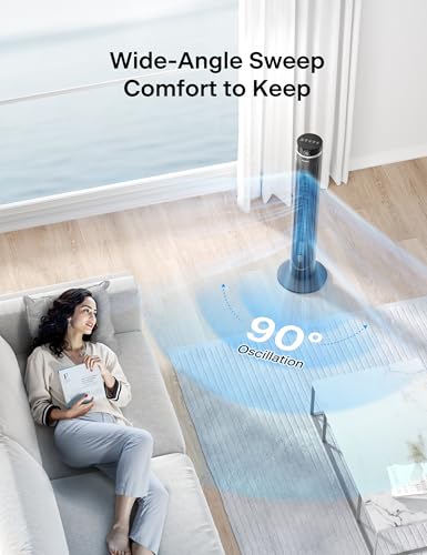 Grey Pelonis 42-Inch Tower Fan with Remote, 5 Speeds, 90° Oscillation, Eco Mode