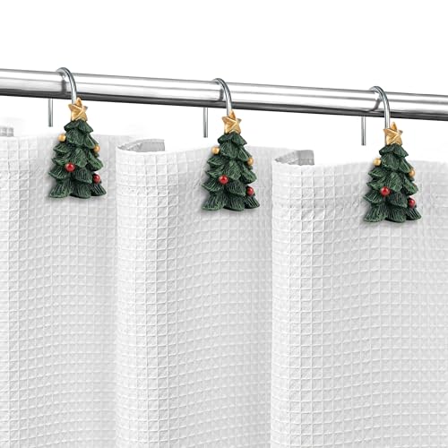 Christmas Tree Shower Curtain Hooks Set of 12 with Star - Holiday Bathroom Decor