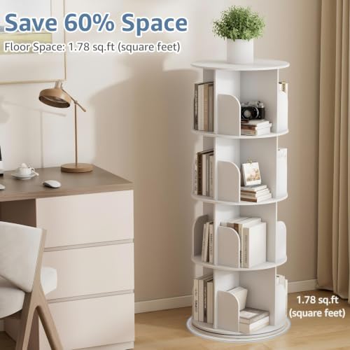 White 4-Tier Rotating Bookshelf Tower - Space-Saving Spinning Bookcase