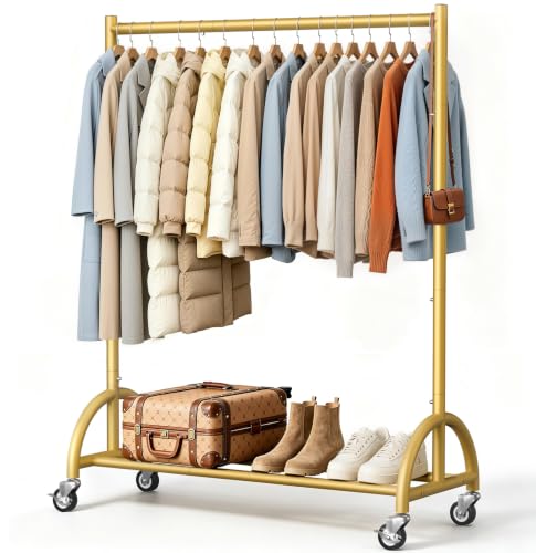 Heavy Duty Gold Clothing Rack with Wheels - Stable Garment Organizer, 66"H