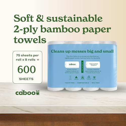 Caboo Tree-Free Bamboo Paper Towels - 8 Family Size Rolls, Eco-Friendly & Absorbent
