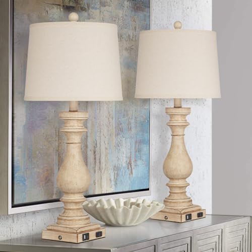 Beige 29-Inch Tall Farmhouse Table Lamp Set of 2 with USB C & A Ports, AC Outlet, Dimmable Touch Control