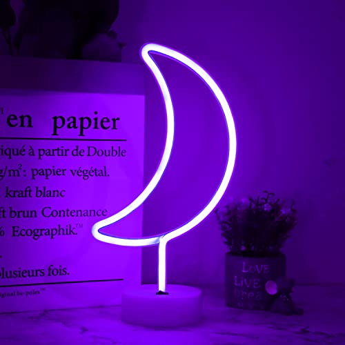 LED Moon Neon Signs, Purple Crescent Night Lights USB Battery Operated Moon Lamp for Birthday Party, Wedding, Halloween, Christmas Decorations-Holder Base(Purple)
