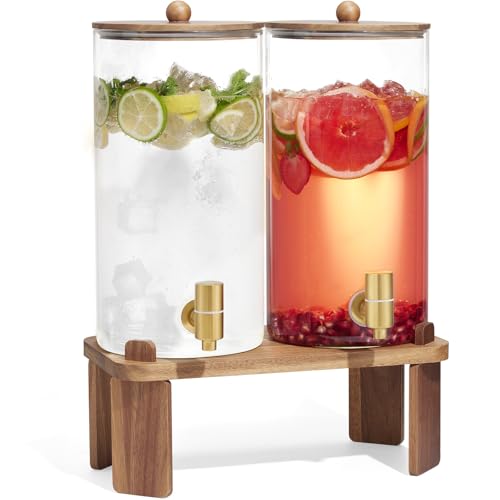FavorFlavor 2-Pack 1.5 Gallon Glass Drink Dispenser with Wooden Stand