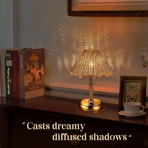 11-Inch Gold Mini Cordless Rattan Table Lamp with 5200mAh Battery - Dimmable Bedside & Dining Light