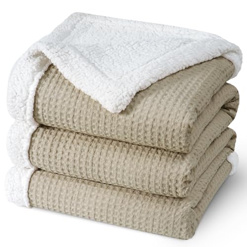 PHF Waffle Sherpa Blanket Queen Size, 90x90 Inches Luxury Plush Flannel Fleece Blanket for Winter, No Shed No Pilling, Cozy Soft & Reversible Waffle Weave Bedding for Home Decor, Khaki