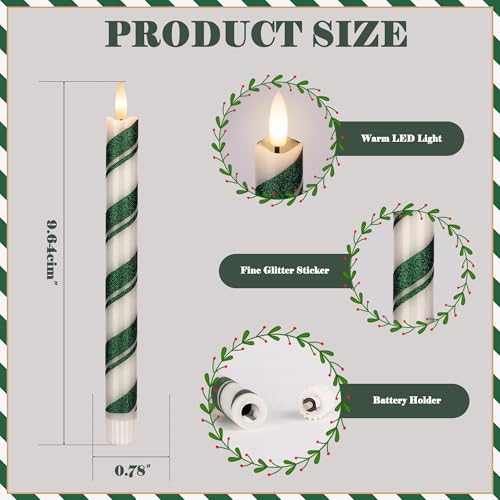 JOIONE Flameless Candles with Remote - 3 Pack Christmas Green Stripe Taper Candles