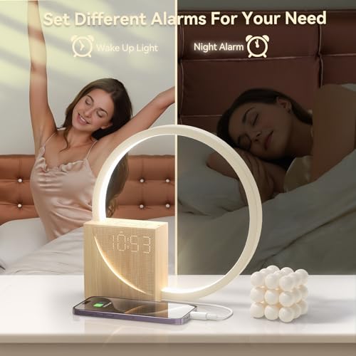 Wood Grain Sunrise Alarm Clock with Sound Machine for Heavy Sleepers