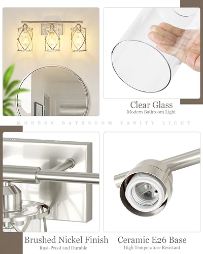 Osimir 3-Light Brushed Nickel Bathroom Vanity Light with Clear Glass & Metal Cage, 21 Inch Over Mirror Wall Sconce, Dimmable, CH9176BN-3W