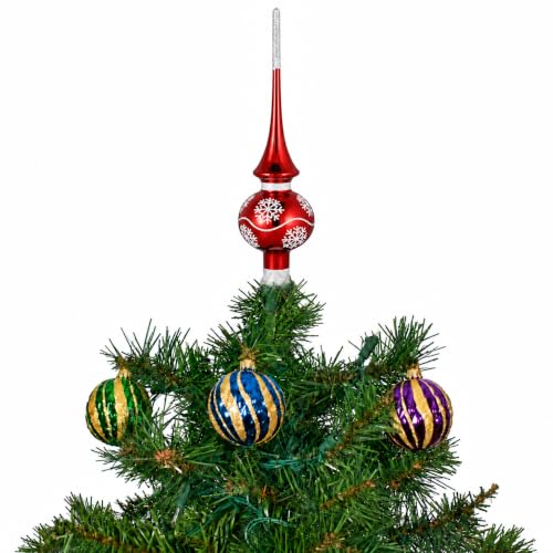 Altair Hand-Blown Red Glass Christmas Tree Topper - Elegant Finial with Snowflakes
