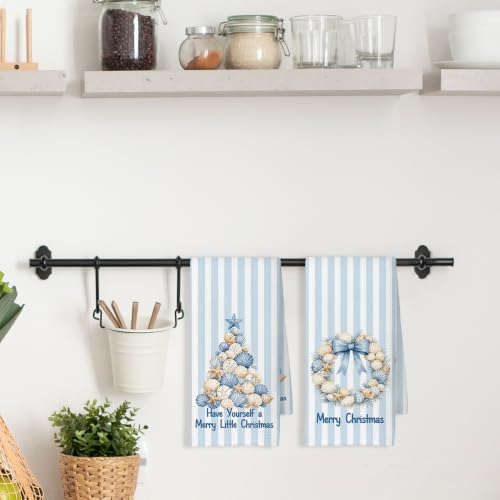 Blue Coastal Shell Christmas Kitchen Towels 16x24 Set of 2 - Color 01