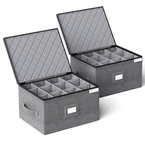 2 Pack Wine Glass Storage Box with Dividers - Hard Shell Stemware Organizer for 12 Glasses, Portable & Sturdy