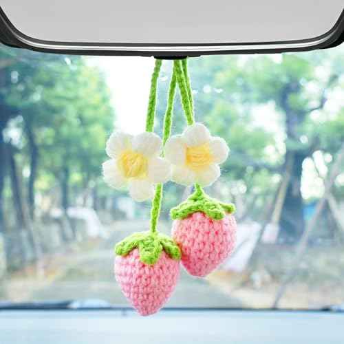 Crochet Strawberry Car Accessories, Handmade Strawberry Car Hanging Ornament, Pink Rearview Mirror Hanging Accessories Cute Hanging Decor for Women and Girls - 2PCS
