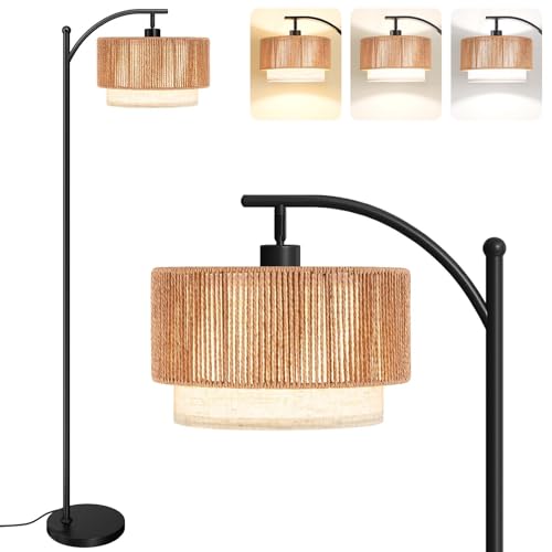 SUNMORY Arc Floor Lamp with Rattan Shade & 12W LED Bulb - Black / Rattan