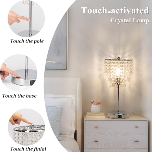Seaside Village Silver Touch Control Crystal Table Lamp with USB C+A Ports, 3-Way Dimmable Nightstand Lamp, Includes B11 LED Bulb