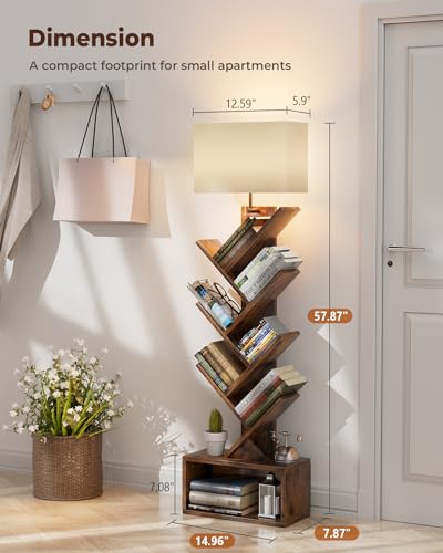 Evermagin Rustic Brown 6-Tier Tree Bookshelf with Adjustable Light, Bookcase, Space-Saving Design