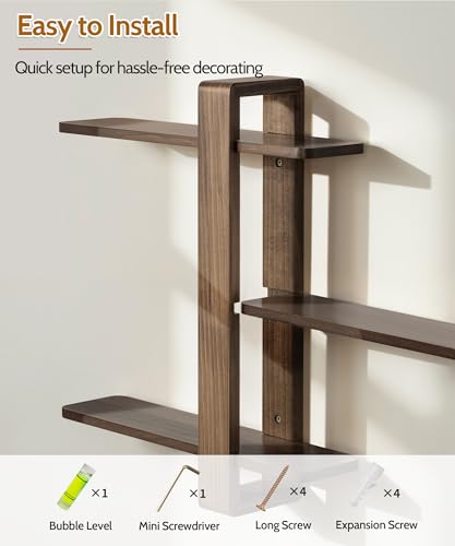 Walnut 3-Tier Floating Wall Shelves - Mid Century Modern Decor
