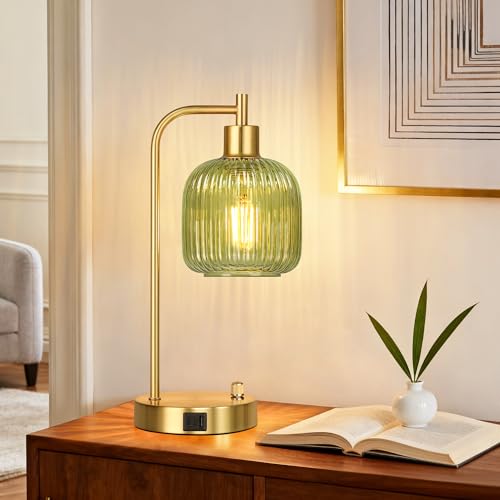 Green Glass Dimmable Table Lamps Set of 2 with USB Ports - Gold & Green Variation