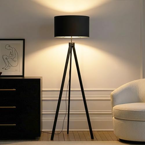 Dimmable Mid Century Tripod Floor Lamp with Solid Wood Legs - Black - Eden Variation