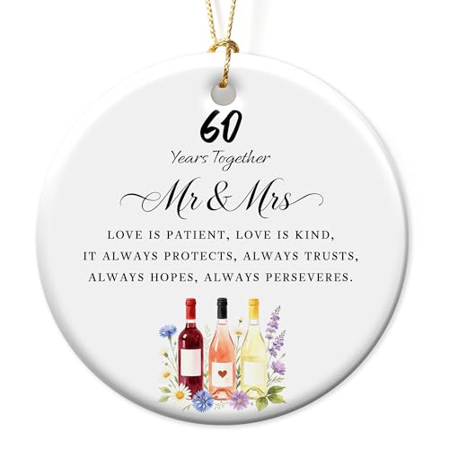 Fatbaby 60th Anniversary Christmas Ornament for Couples - 60 Years Together Gift, Ceramic, 2.9" with Box & Ribbon
