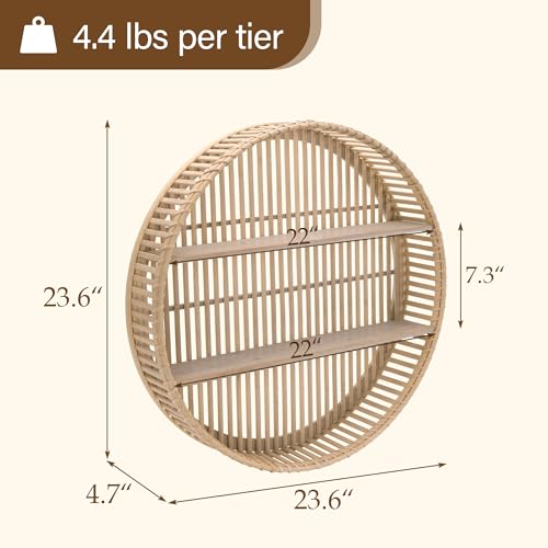 Boho Rattan Wall Shelf 3-Tier Floating Storage Rack for Living Room & Home Decor
