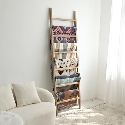 Rustic Wooden Blanket Ladder - 6.4ft Tall, 24 In Wide, 11 Rungs - Burnt Brown