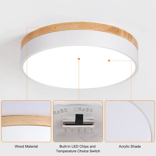 Yiisem Dimmable 11.8-inch Wood LED Flush Mount Ceiling Light - White, Adjustable Color & Brightness
