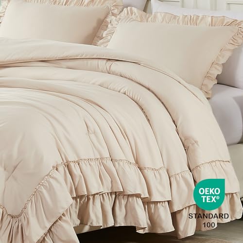 Beige Queen Comforter Set with Ruffle Farmhouse Bedding - 3 Pieces