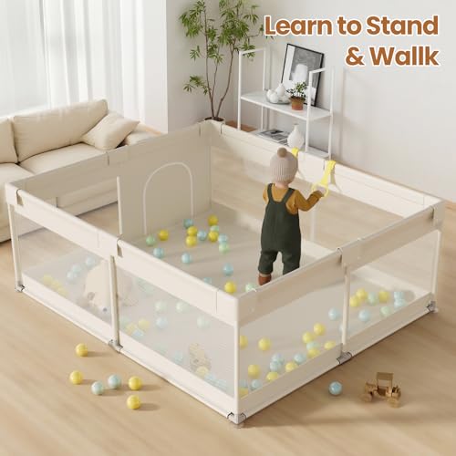 Beige Large Baby Playpen - 69x59 Inch Safety Play Yard for Toddlers & Babies - Sturdy Mesh Sides & Side Pockets
