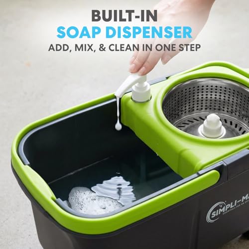 Black/Green Spin Mop and Bucket Set with Microfiber Heads & Soap Dispenser