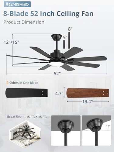 ZMISHIBO 52 Inch Black Ceiling Fan with Light and Remote Control