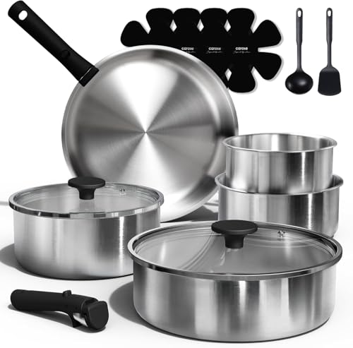 CAROTE 15-Piece Tri-Ply Stainless Steel Cookware Set with Detachable Handles - Silver