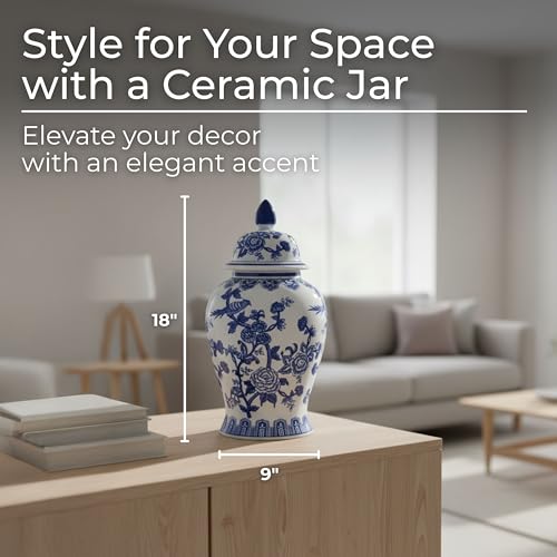 NESS AND JORD Blue 18" Ceramic Chinoiserie Ginger Jar with Lid, Large Tabletop Decor