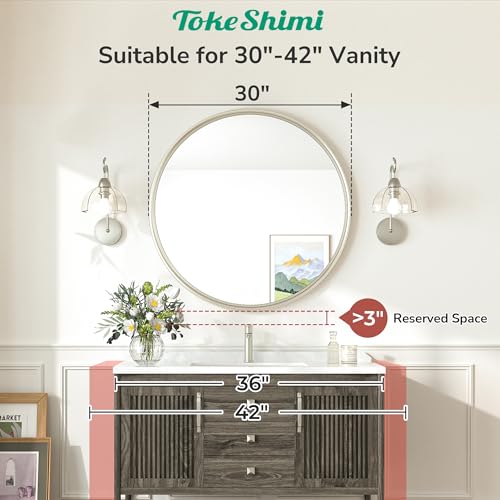 TokeShimi 30 Inch Brushed Nickel Round Wall Mirror - Tempered, Shatterproof Bathroom Vanity Mirror, Farmhouse Wall Decor