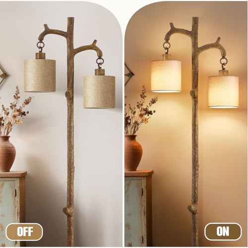 Brown Farmhouse Floor Lamp with 2 Reading Lights - Rustic Tree Trunk Style - 69 Inch Standing Lamp for Living Room & Bedroom