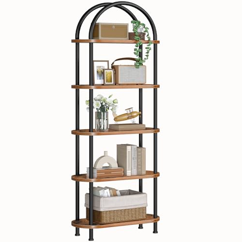 Rustic Brown 5-Tier Open Bookshelf - Industrial Arched Wooden Storage Shelf